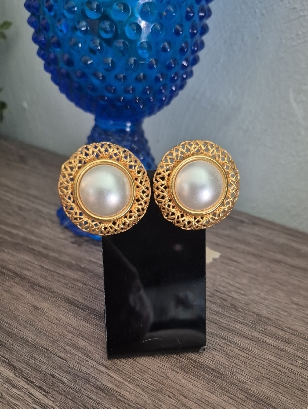 Gil D'Ageno France Vintage Gold Filigree Faux Pearl Large Button Earrings